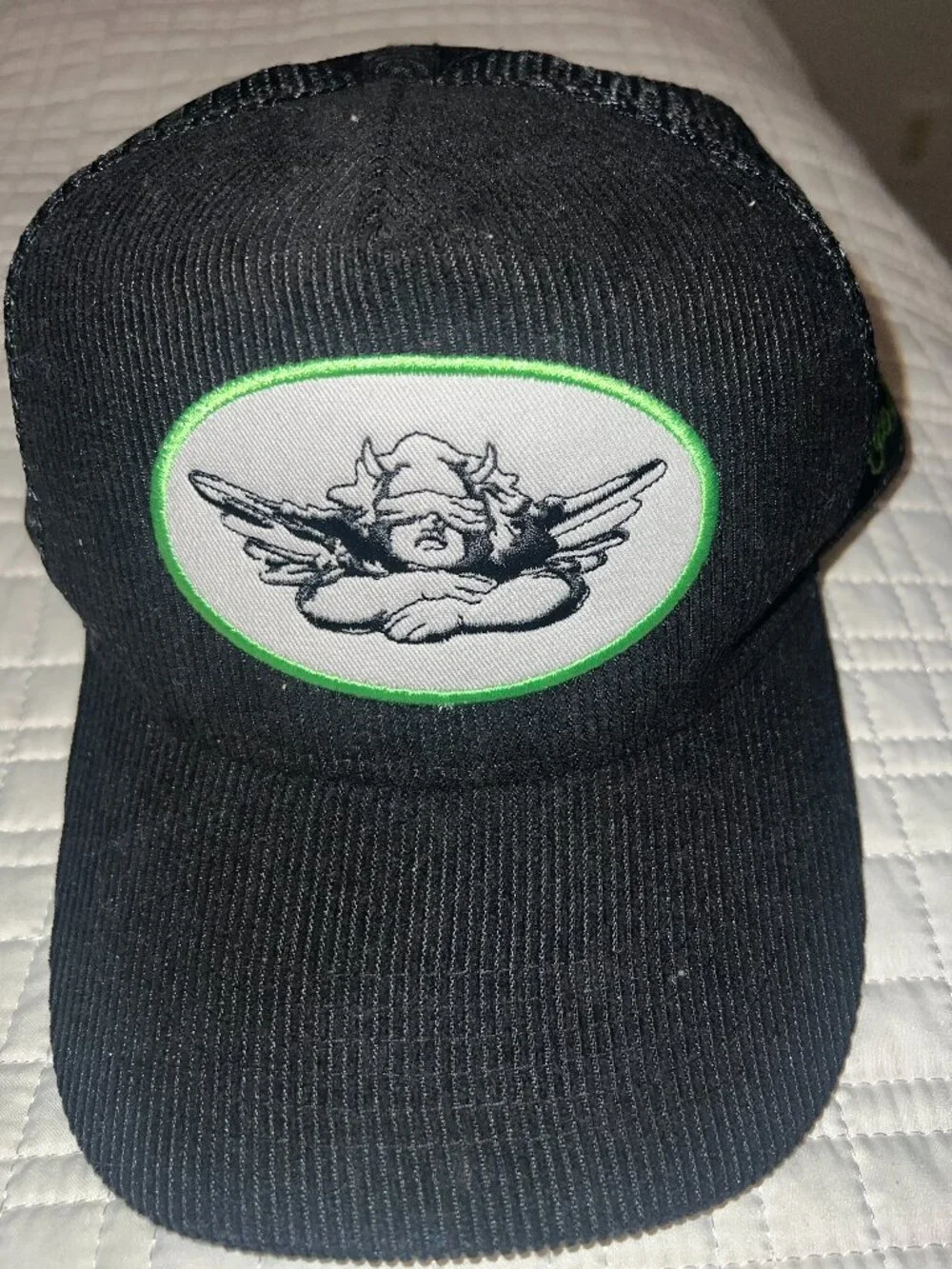 Boys Lie Black Corduroy Cherub Patch Mesh Snapback Trucker Hat OS